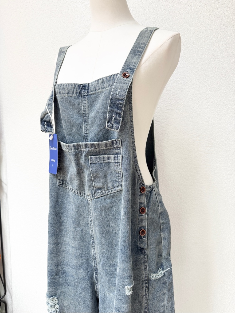 NWT High Hopes Washed Blue Distressed Slouchy Denim Overalls L Cotton Stretch - Picture 3 of 6